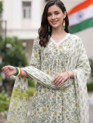 women floral printed empire cotton kurta with trousers & with dupatta 2