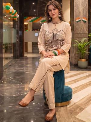 women printed regular kurti with trousers 5