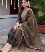 women ethnic motifs regular thread work liva kurta with trousers & with dupatta