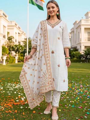 women ethnic motifs embroidered regular thread work cotton kurta with trousers & with dupatta 1
