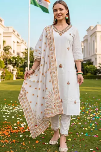 women ethnic motifs embroidered regular thread work cotton kurta with trousers & with dupatta