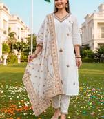 women ethnic motifs embroidered regular thread work cotton kurta with trousers & with dupatta