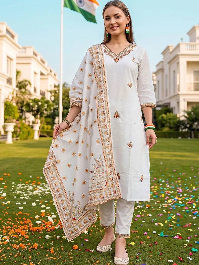 women ethnic motifs embroidered regular thread work cotton kurta with trousers & with dupatta
