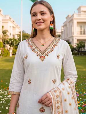 women ethnic motifs embroidered regular thread work cotton kurta with trousers & with dupatta 2
