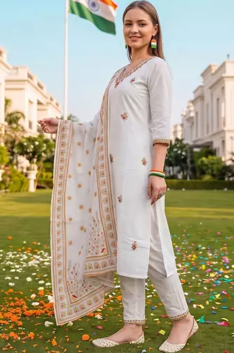 women ethnic motifs embroidered regular thread work cotton kurta with trousers & with dupatta