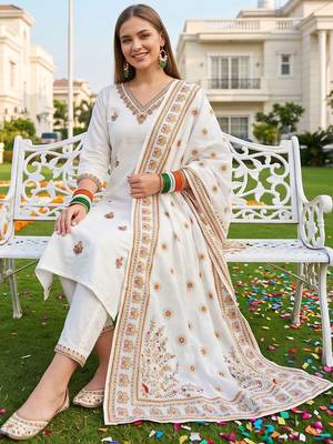 women ethnic motifs embroidered regular thread work cotton kurta with trousers & with dupatta 5