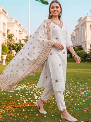 women ethnic motifs embroidered regular thread work cotton kurta with trousers & with dupatta 6