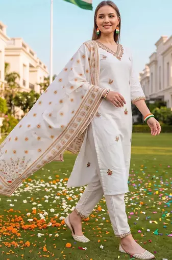 women ethnic motifs embroidered regular thread work cotton kurta with trousers & with dupatta
