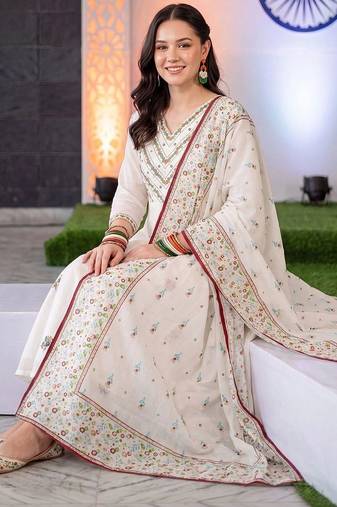 women ethnic motifs embroidered regular thread work cotton kurta with trousers & with dupatta