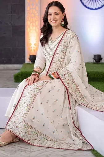 women ethnic motifs embroidered regular thread work cotton kurta with trousers & with dupatta