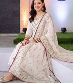 women ethnic motifs embroidered regular thread work cotton kurta with trousers & with dupatta