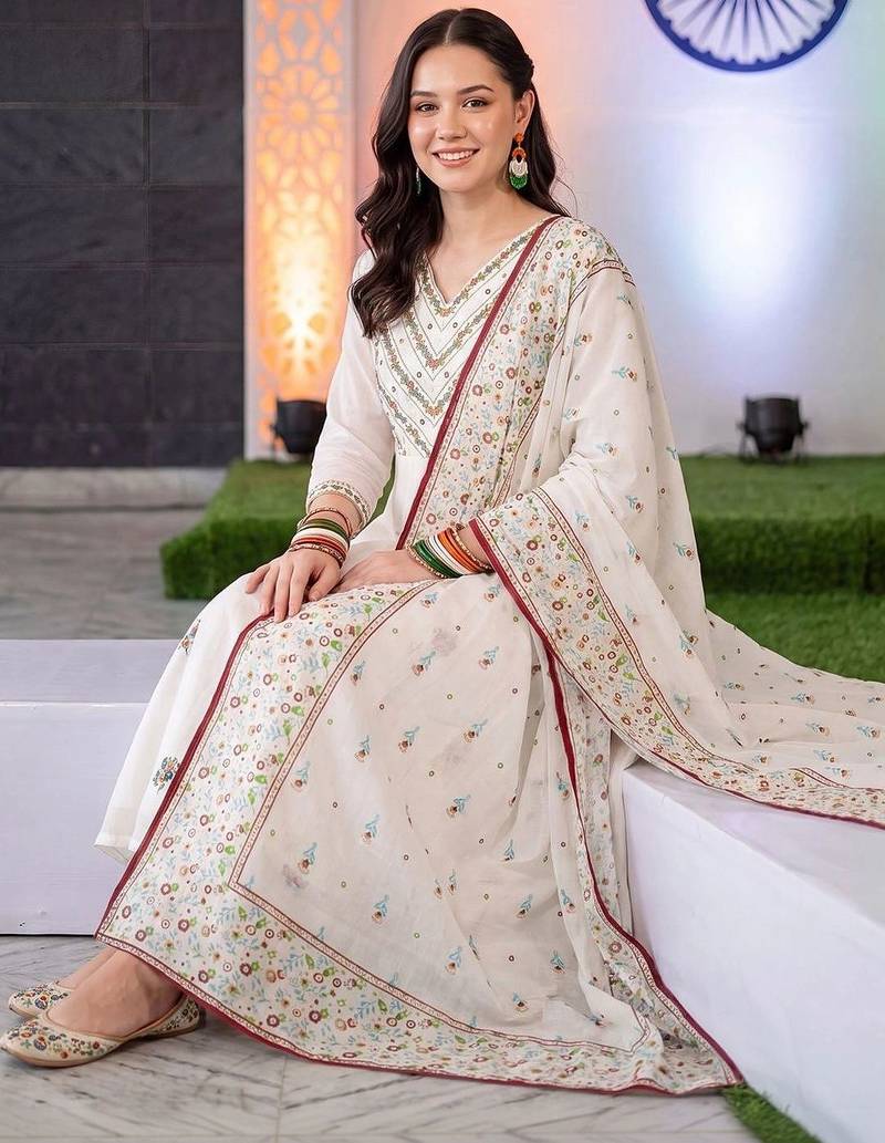 women ethnic motifs embroidered regular thread work cotton kurta with trousers & with dupatta