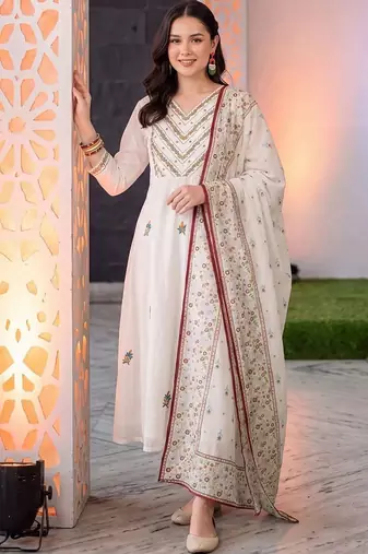 women ethnic motifs embroidered regular thread work cotton kurta with trousers & with dupatta