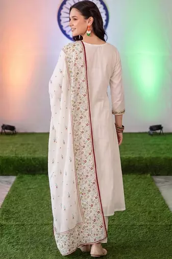 women ethnic motifs embroidered regular thread work cotton kurta with trousers & with dupatta