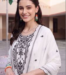 women ethnic motifs embroidered regular thread work cotton kurta with trousers & with dupatta