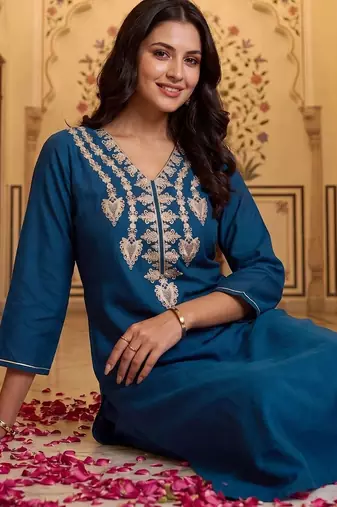 women ethnic motifs embroidered regular thread work kurta with trousers