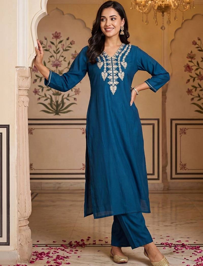 women ethnic motifs embroidered regular thread work kurta with trousers