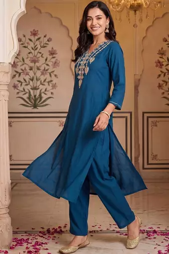 women ethnic motifs embroidered regular thread work kurta with trousers