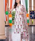 women floral printed empire cotton kurta with trousers & with dupatta