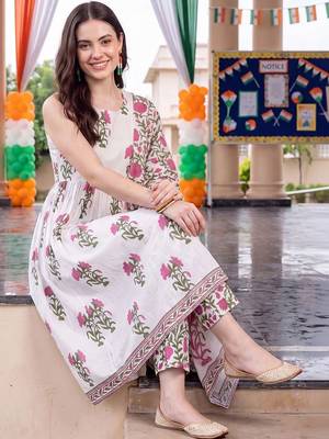 women floral printed empire cotton kurta with trousers & with dupatta 5