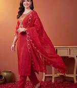 women ethnic motifs embroidered regular thread work kurta with trousers & with dupatta