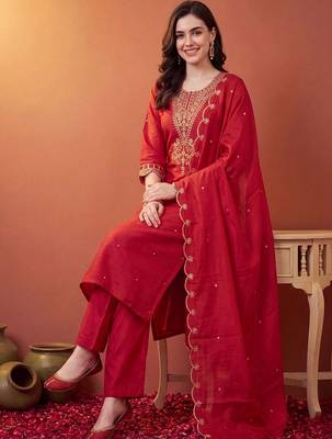 women ethnic motifs embroidered regular thread work kurta with trousers & with dupatta 5