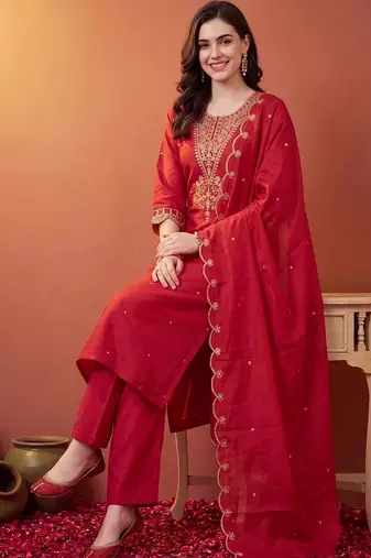women ethnic motifs embroidered regular thread work kurta with trousers & with dupatta