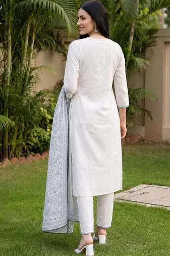 women floral embroidered regular thread work cotton kurta with trousers & with dupatta