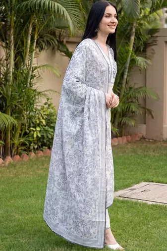 women floral embroidered regular thread work cotton kurta with trousers & with dupatta