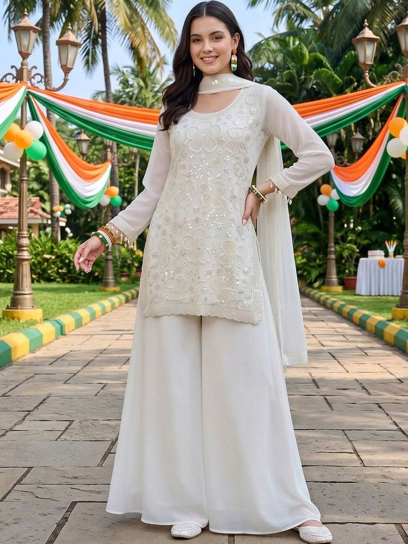women ethnic motifs embroidered regular sequinned kurta with palazzos & with dupatta