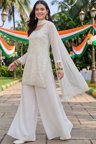 women ethnic motifs embroidered regular sequinned kurta with palazzos & with dupatta