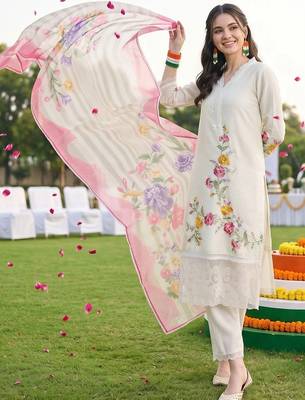 women floral embroidered regular thread work kurta with trousers & with dupatta 1