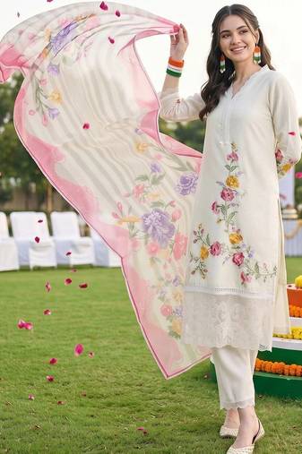 women floral embroidered regular thread work kurta with trousers & with dupatta