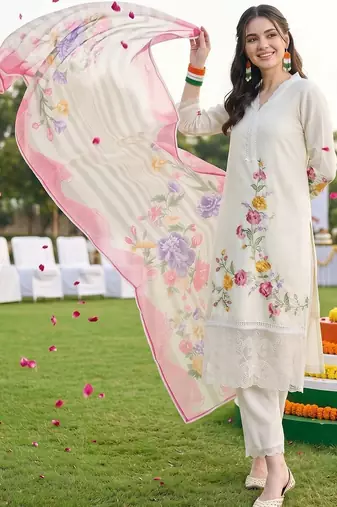 women floral embroidered regular thread work kurta with trousers & with dupatta