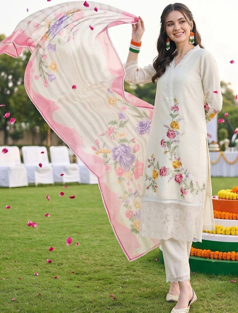 women floral embroidered regular thread work kurta with trousers & with dupatta