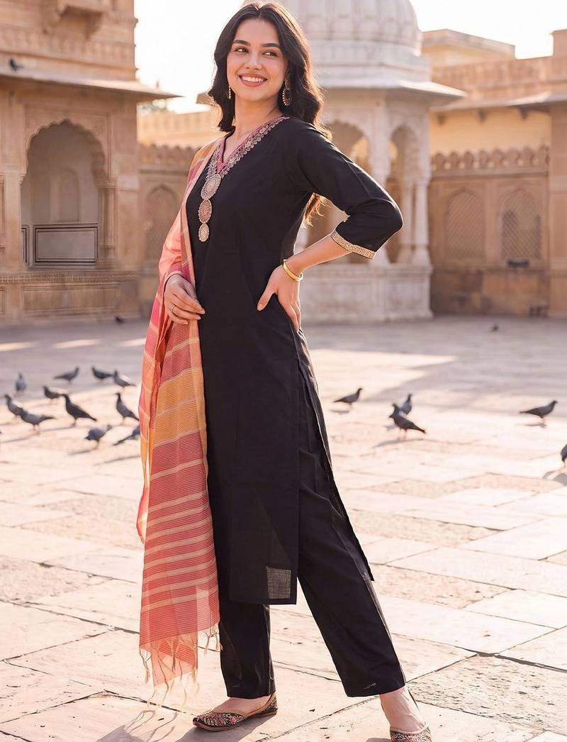 women regular thread work kurta with trousers & with dupatta