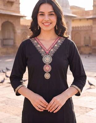 women regular thread work kurta with trousers & with dupatta 2
