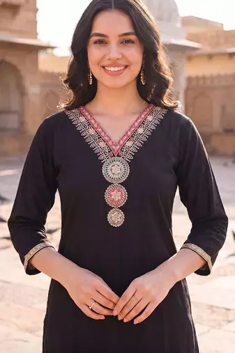 women regular thread work kurta with trousers & with dupatta