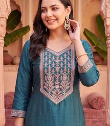 women ethnic motifs embroidered regular thread work liva kurta with trousers