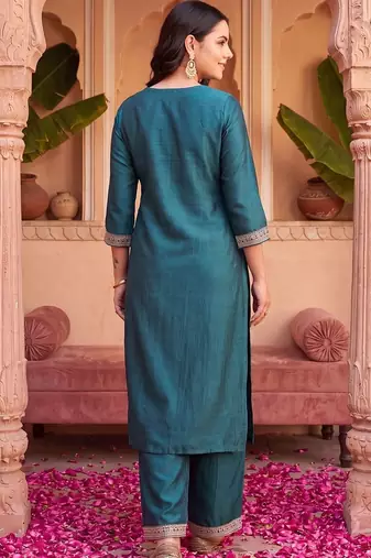 women ethnic motifs embroidered regular thread work liva kurta with trousers