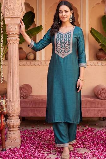 women ethnic motifs embroidered regular thread work liva kurta with trousers
