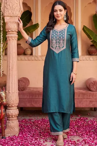 women ethnic motifs embroidered regular thread work liva kurta with trousers