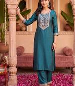 women ethnic motifs embroidered regular thread work liva kurta with trousers
