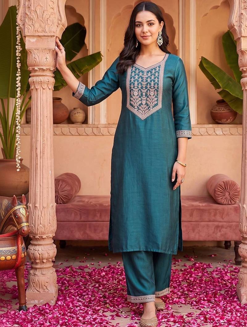 women ethnic motifs embroidered regular thread work liva kurta with trousers