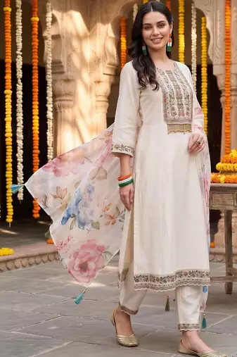women ethnic motifs embroidered regular thread work kurta with trousers & with dupatta