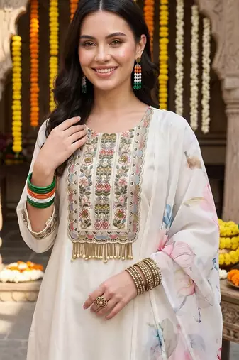 women ethnic motifs embroidered regular thread work kurta with trousers & with dupatta