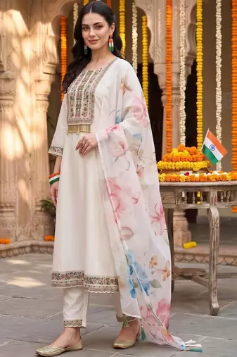 women ethnic motifs embroidered regular thread work kurta with trousers & with dupatta
