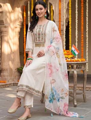 women ethnic motifs embroidered regular thread work kurta with trousers & with dupatta 5