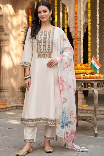 women ethnic motifs embroidered regular thread work kurta with trousers & with dupatta