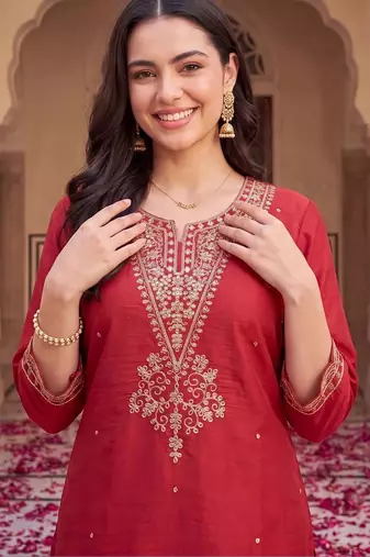 women ethnic motifs embroidered regular thread work kurta